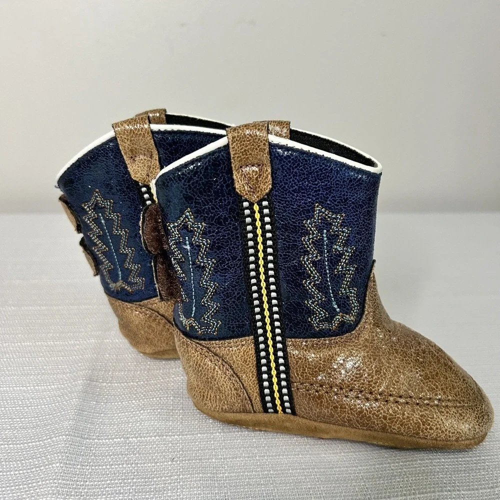 Old West Baby Infant Toddler Cowboy Boots Size 4 Navy Tan Western‎ Soft Sole